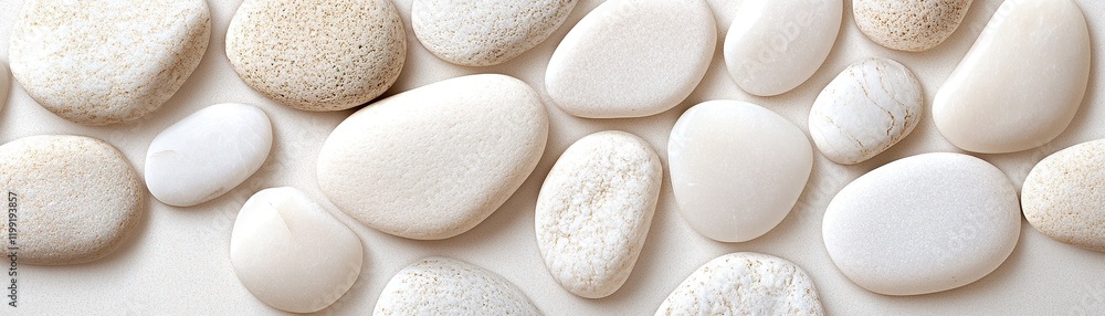 Smooth white and beige pebbles are artfully arranged on a clean, matte beige surface. The soft natural light creates a serene atmosphere, ideal for a calming visual experience Smooth white and beige pebbles are artfully arranged on a clean, matte beige surface. The soft natural light creates a serene atmosphere, ideal for a calming visual experience
