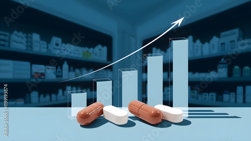 A few supplement tablets with a clear rising graph, illustrating the increasing healthcare costs. 