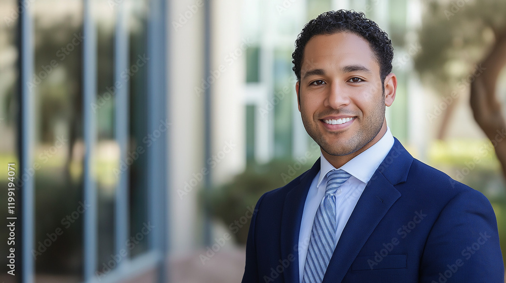 Mixed-race executive in blue suit outdoors. Ideal for corporate leadership, professional success, or business excellence. Mixed-race executive in blue suit outdoors. Ideal for corporate leadership, professional success, or business excellence.