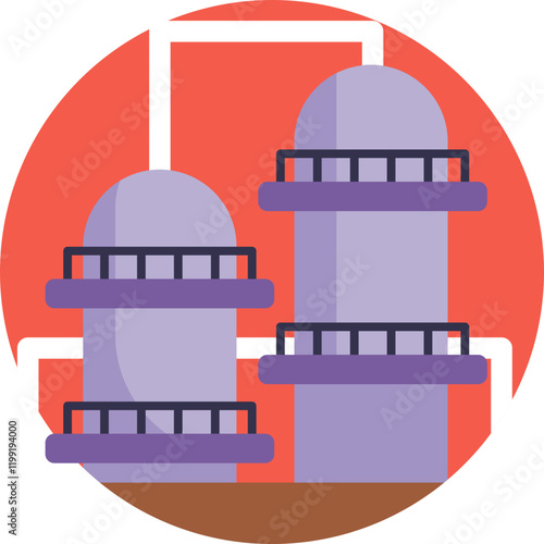 A detailed icon representing an oil refinery with distillation towers, pipelines, and storage tanks, symbolizing oil processing and fuel production.