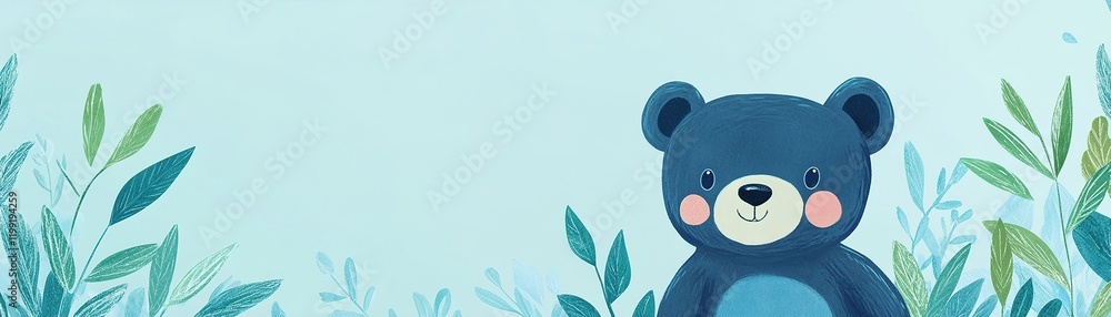 Fototapeta premium Bright and cheerful baby bear illustration set against a pastel blue background. Surrounded by soft green leaves, this design provides ample space for text overlay, perfect for playful themes