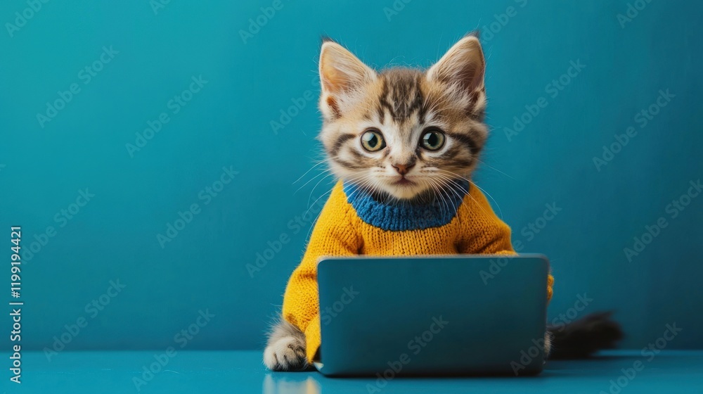 Playful kitten working on laptop indoor setting cute animal photography vibrant colors Playful kitten working on laptop indoor setting cute animal photography vibrant colors