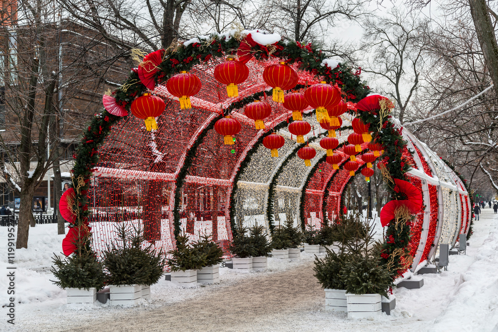 Chinese New Year in Moscow. Decorative tunnel with red decorative lanterns on Tverskoy Boulevard. Russia, Moscow