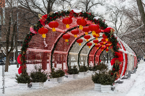 Obraz na płótnie Chinese New Year in Moscow. Decorative tunnel with red decorative lanterns on Tverskoy Boulevard. Russia, Moscow w salonie