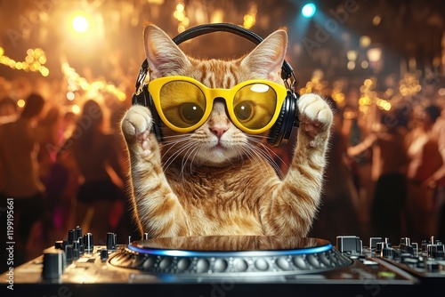 Cat DJ entertains a lively crowd at a vibrant party with catchy tunes and energetic vibes