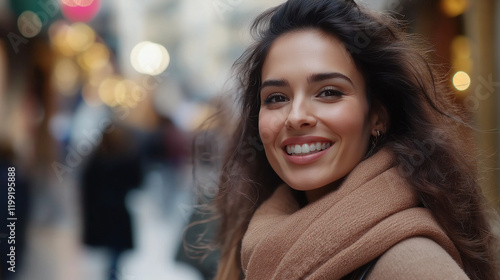 Young woman in camel coat with natural smile. Perfect for urban fashion, winter style, or authentic happiness.