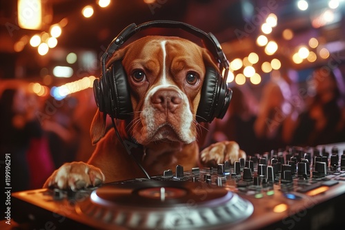 Dog DJ entertains the crowd at a lively party with upbeat music and vibrant lights photo