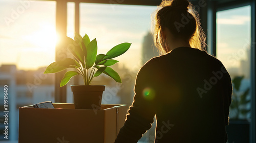 As sunlight streams through floor-to-ceiling windows, an employee methodically packs their belongings, including a vibrant green plant and notebooks, into a box. photo