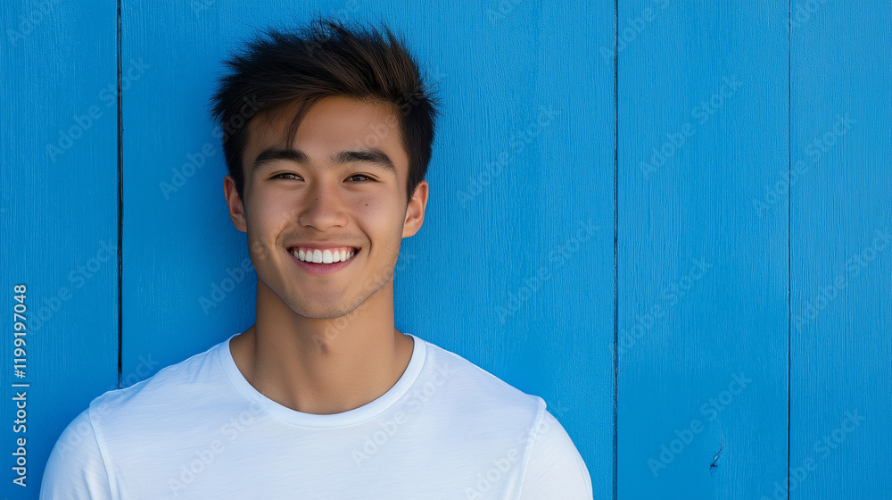 Young Asian man smiling against blue wall. Ideal for authentic portraits, natural happiness, or modern lifestyle. Young Asian man smiling against blue wall. Ideal for authentic portraits, natural happiness, or modern lifestyle.