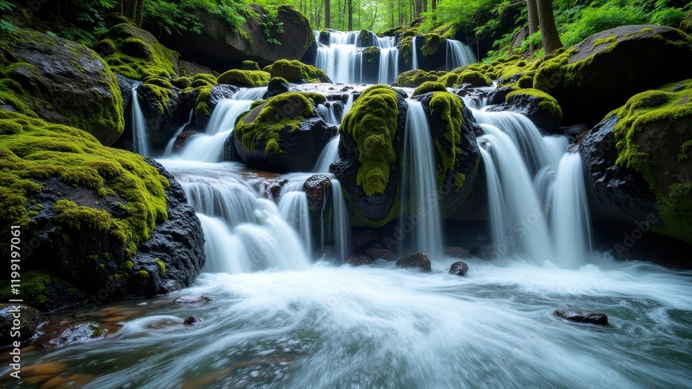 A serene cascade of water threads through verdant moss-covered stones, creating harmonious layers and natural beauty as it flows outdoors A serene cascade of water threads through verdant moss-covered stones, creating harmonious layers and natural beauty as it flows outdoors