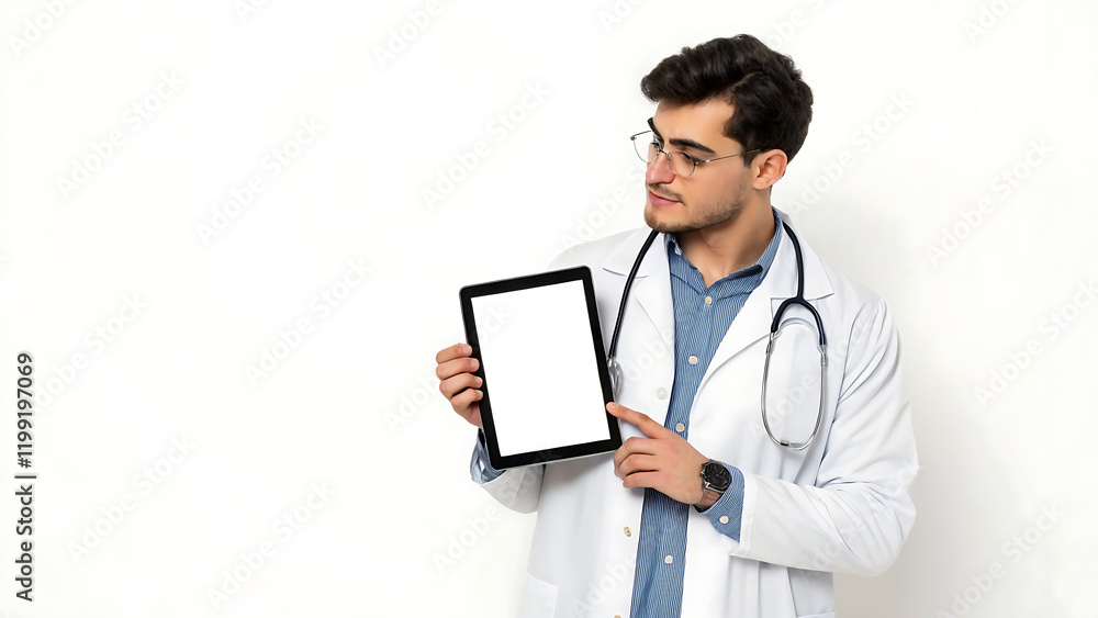 Portrait of young male doctor presenting tablet with blank screen and copy space for app ads, isolated on blue background Portrait of young male doctor presenting tablet with blank screen and copy space for app ads, isolated on blue background