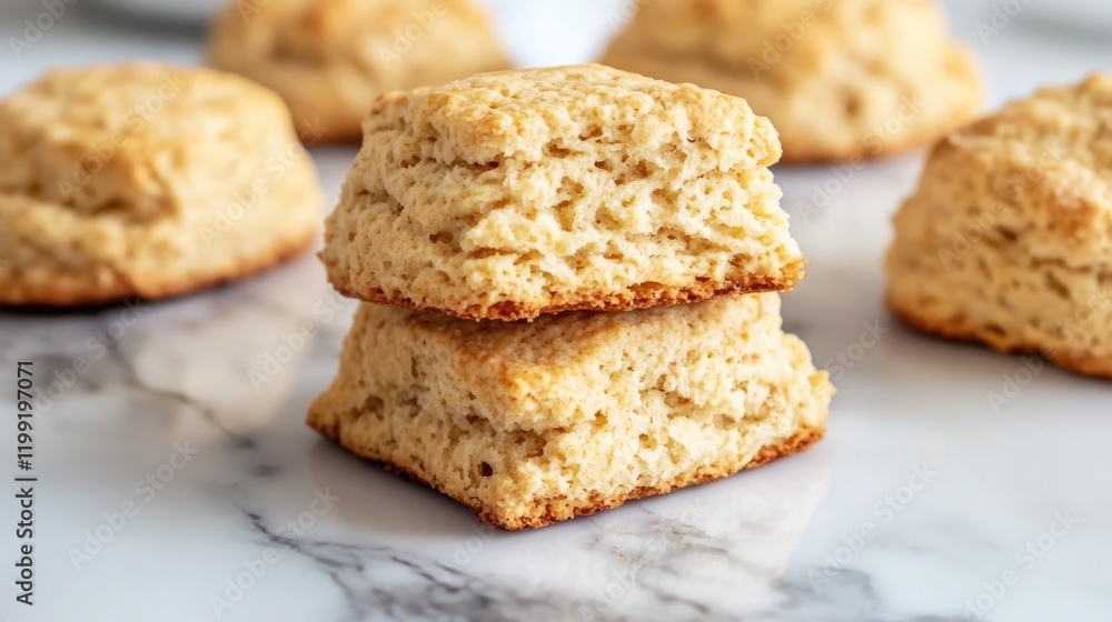 Fluffy, golden-brown biscuits stacked on marble surface, invitin Fluffy, golden-brown biscuits stacked on marble surface, invitin