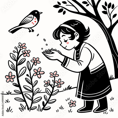  child blowing dandelion seeds, curious robin watching, flowering plants, tree branch, innocent wonder, nature exploration, simple line art, storybooks, Black and white illustration, whimsical drawing