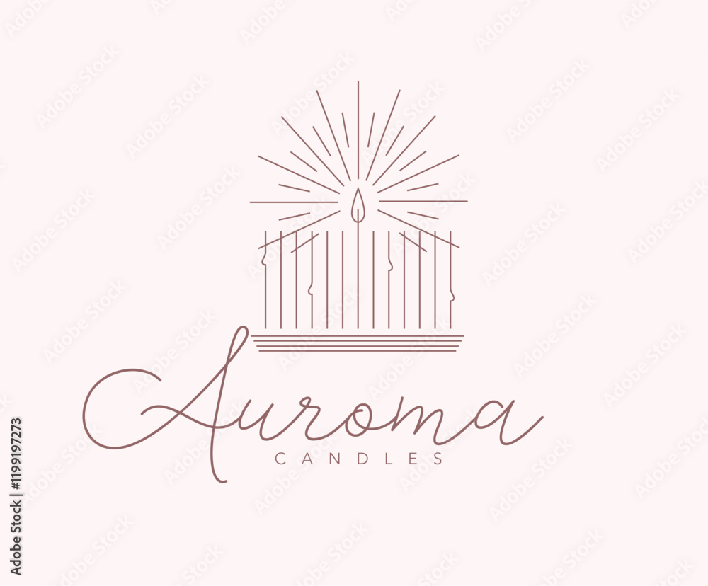 Candle label design lettering auroma drawing in linear art deco style on beige background