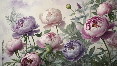Fototapeta Naklejka Na Ścianę i Meble -  A floral mural of enormous peonies painted in lavender, gentle blush, and ivory with delicate green watercolor leaves tumbling down the wall is part of a pastel watercolor-themed design.