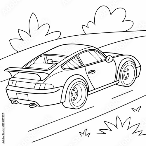 Sports car, sleek design, racing style, curved body, rear spoiler, detailed wheels, side view, simplified background, road, foliage, outline drawing, black and white illustration, coloring book style,