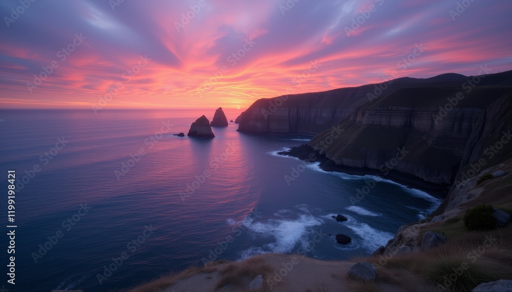 Fototapeta premium Scenic coastal cliffs and ocean at sunset with vivid skies