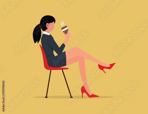 Coffee break time to relax.  Businesswoman chilling on a chair and drinking coffee