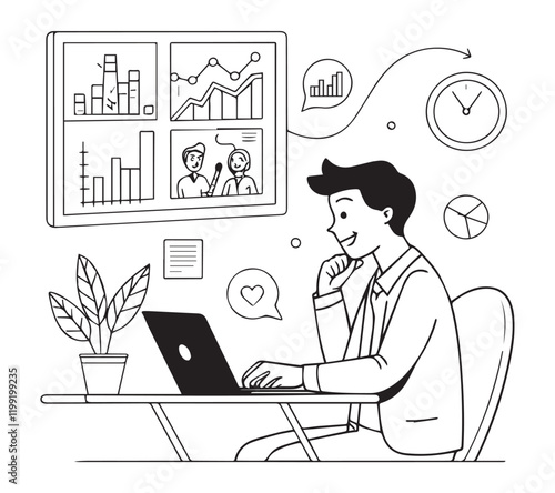 One line art set business flat vector illustration design
cartoon character working action style concept. online video conference meeting. business planning. data analytics