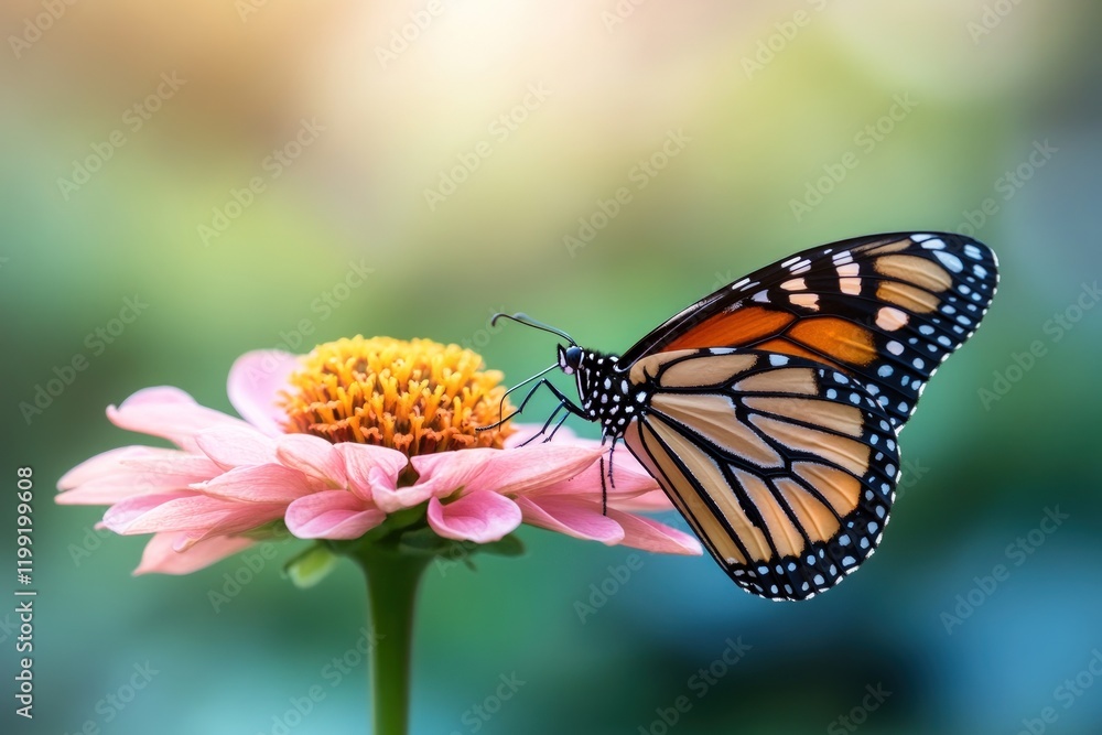 Fototapeta premium Monarch Butterfly on Pink Zinnia: A Summer's Day Dream