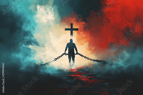 A powerful representation of a man breaking free from chains of sin, stepping into a bright future. A Christian cross at the pinnacle symbolizes faith and salvation.

