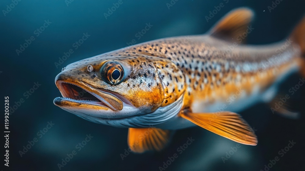 A brown trout is swimming in the water. A brown trout is swimming in the water.