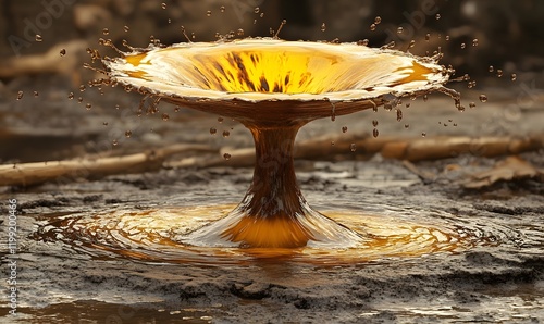 Golden liquid drop impact creating a crown splash in muddy water.