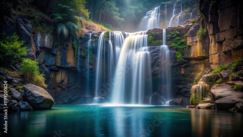 Gentle waterfall cascading down a rocky cliff into a serene pool on a dark background with a subtle mist effect , waterfall, black background