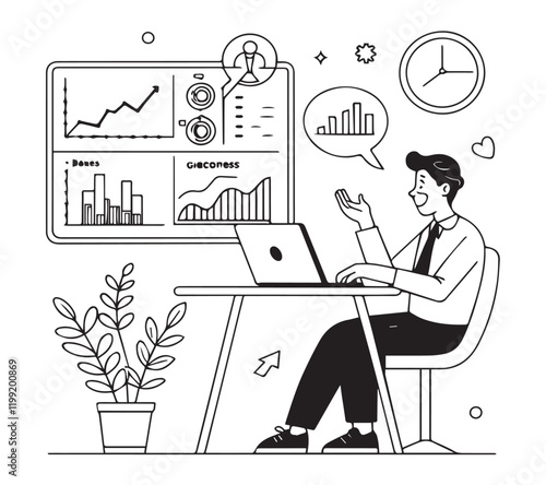 One line art set business flat vector illustration design
cartoon character working action style concept. online video conference meeting. business planning. data analytics