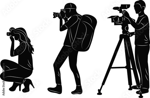 people taking pictures and videos silhouette set vector