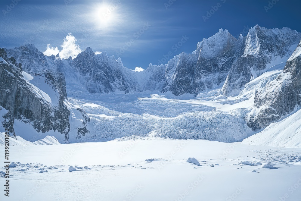 Obraz premium Majestic winter wonderland landscape snow-covered mountains glacier view serene environment captivating aesthetic