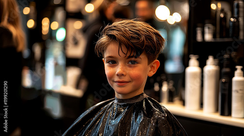 Adorable Boy Getting a Haircut at the Salon.  Stylish Kid's Hairstyle and Fashionable Look. photo