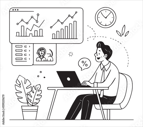 One line art set business flat vector illustration design
cartoon character working action style concept. online video conference meeting. business planning. data analytics