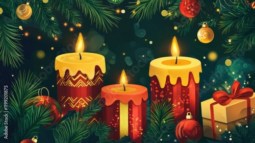 Colorful Christmas decorations with lit candles, gifts, and festive items like ornaments and a tree. photo