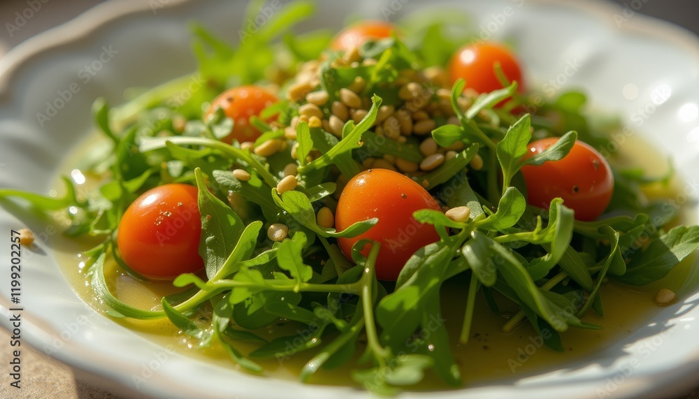 Fresh arugula salad with cherry tomatoes and pine nuts Fresh arugula salad with cherry tomatoes and pine nuts