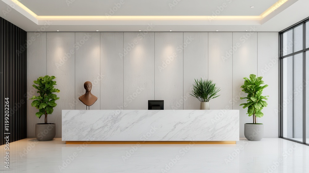 Upscale design in a luxury hotel lobby Modern reception area with plants and a bust sculpture. Upscale design in a luxury hotel lobby Modern reception area with plants and a bust sculpture.