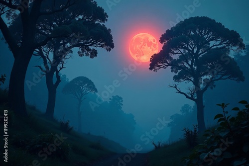 A mystical landscape featuring a full moon rising above silhouetted trees in mist. photo