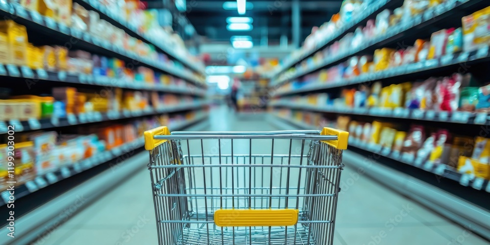 Interior view of a grocery store with an empty shopping cart on aisle shelving. Shoppers are not in the frame. Interior view of a grocery store with an empty shopping cart on aisle shelving. Shoppers are not in the frame.