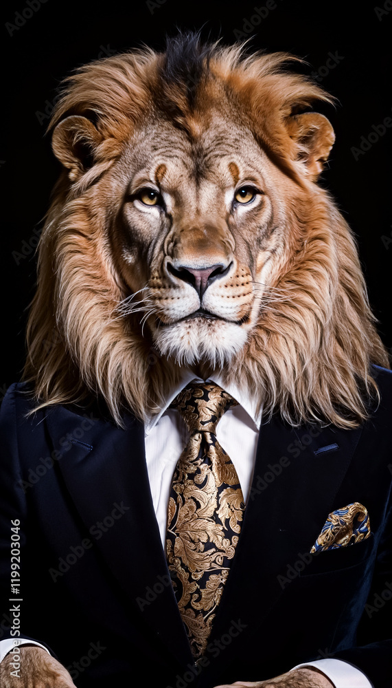 A regal lion dressed in a luxurious velvet suit and a patterned silk tie | anthropomorphic animal A regal lion dressed in a luxurious velvet suit and a patterned silk tie | anthropomorphic animal