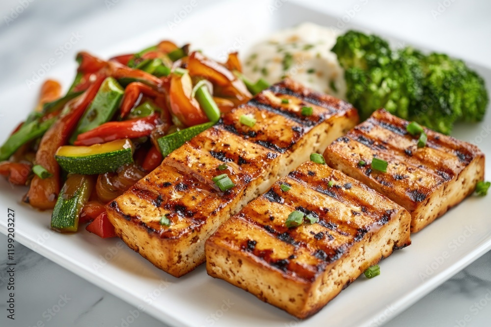 Grilled tofu served with vibrant stir-fried vegetables and steam