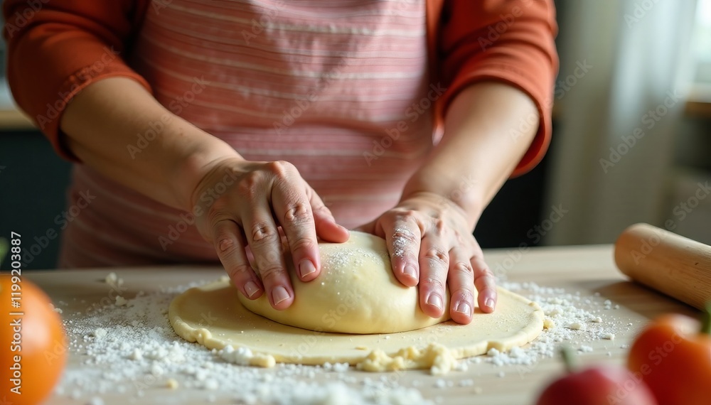Fototapeta premium A person kneads dough on a wooden surface, preparing for baking delicious treats.