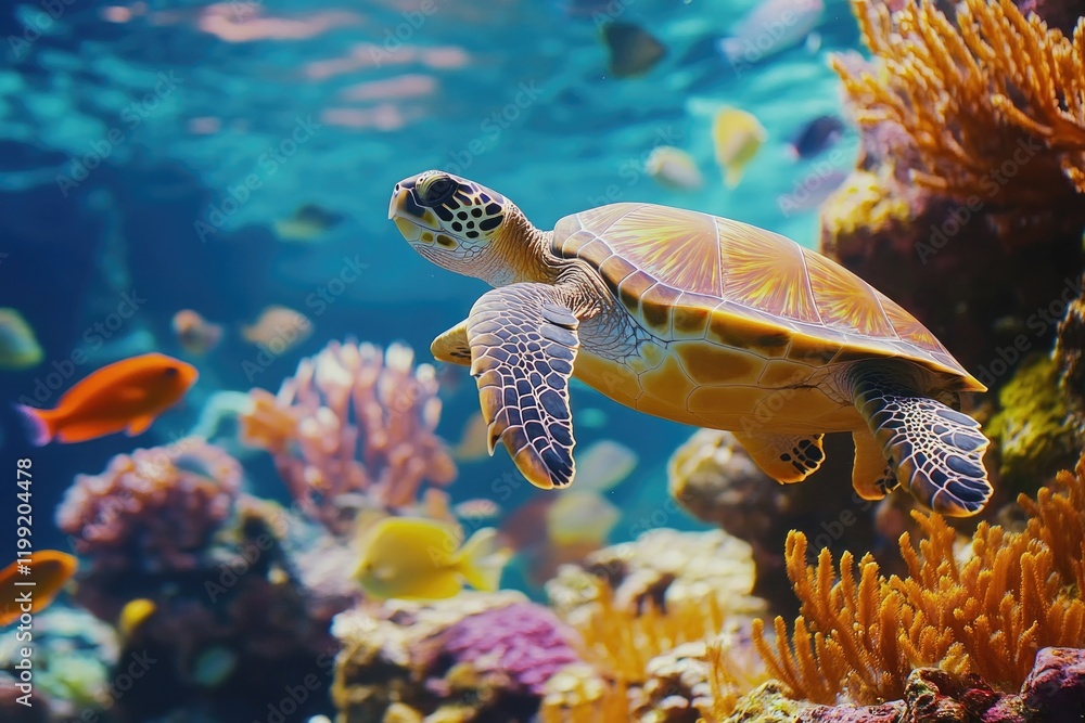 Naklejka premium Scuba diving experience with sea turtle and vibrant fish in coral reef ecosystem.
