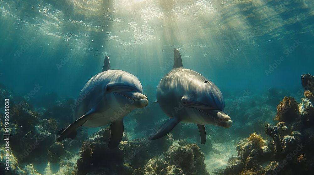 Obraz premium Two dolphins swim in the ocean.