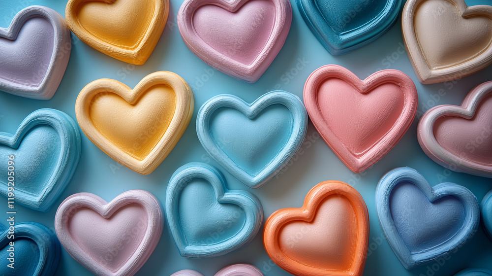 Obraz premium Flat lay of heart-shaped photo frames arranged neatly on a pastel-toned surface, bright accents. Bright lighting, contrast with copy space for text