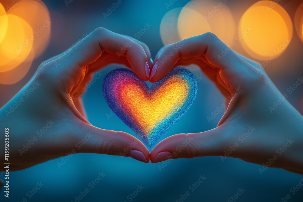 Fototapeta premium Minimalist couple's hands forming a heart shape with their fingers, soft pastel gradient. Bright lighting, contrast with copy space for text
