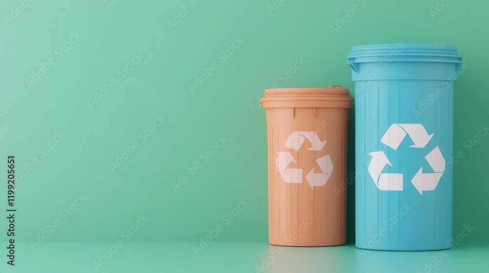 Two recycling bins in contrasting colors against a mint green background, emphasizing eco-friendliness and waste management. Two recycling bins in contrasting colors against a mint green background, emphasizing eco-friendliness and waste management.