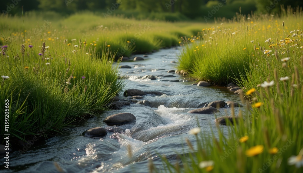 Clear stream flowing through meadow with wildflowers Clear stream flowing through meadow with wildflowers