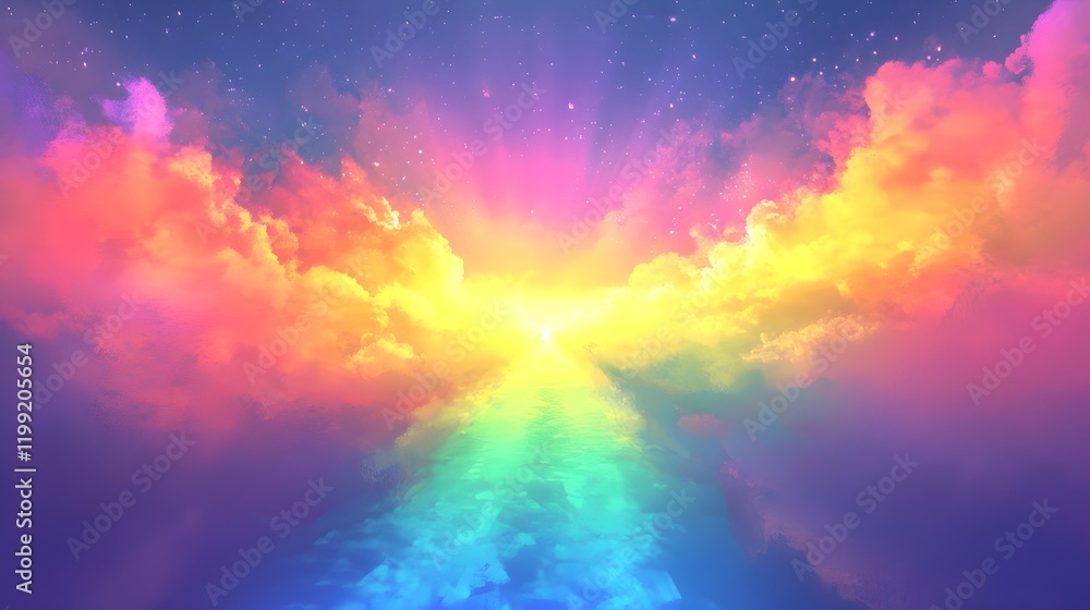 Naklejka premium Vibrant Rainbow Sky Cloudscape Digital Art Fantasy Background Peaceful Serene Colorful Heavenly Hopeful Dreamy Magical Artistic Illustration Design Image way 
