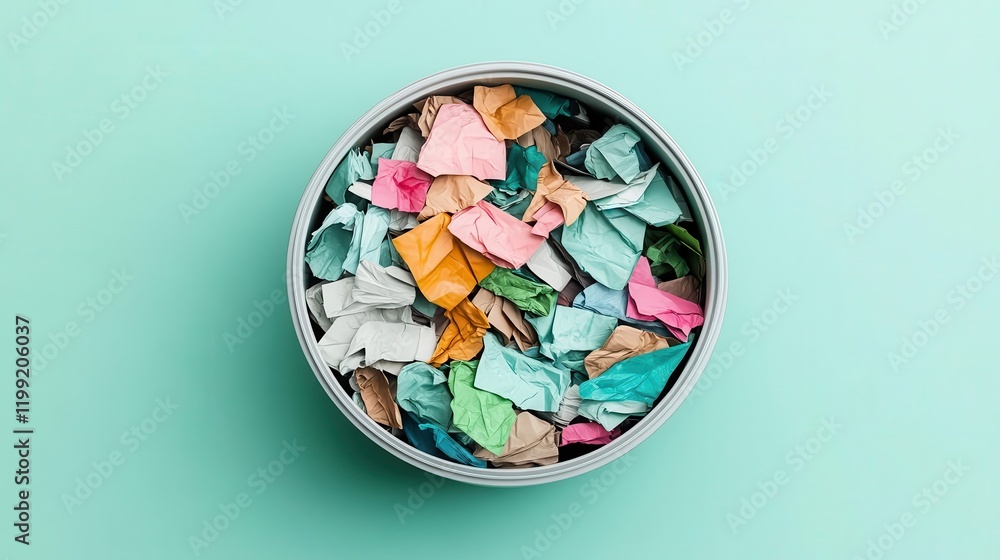 A circular tin filled with colorful, textured paper scraps on a mint green background. A circular tin filled with colorful, textured paper scraps on a mint green background.