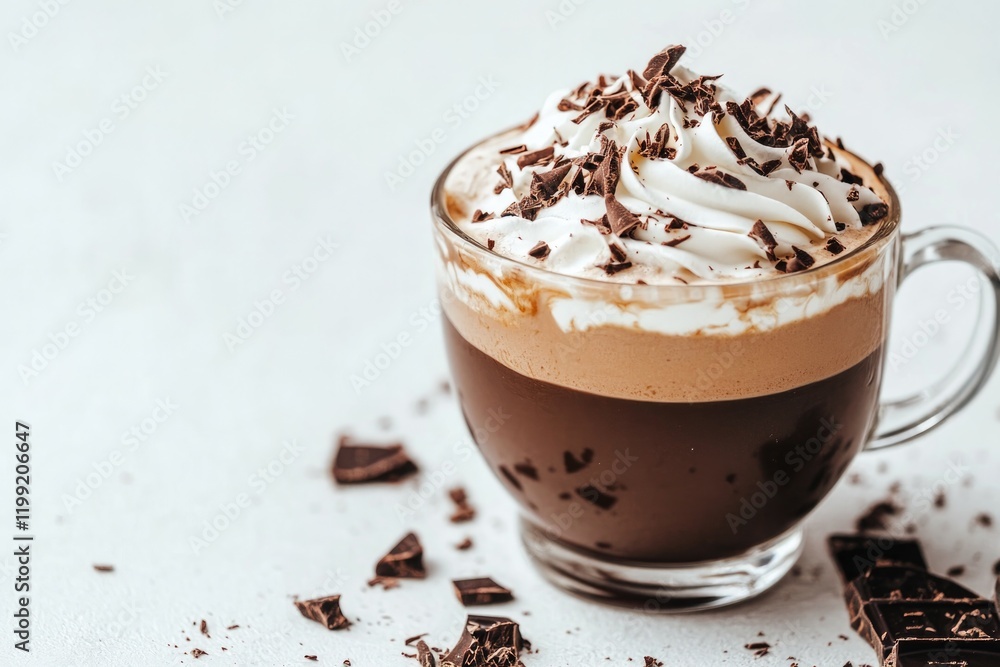 Rich coffee topped with whipped cream and chocolate shavings inv Rich coffee topped with whipped cream and chocolate shavings inv